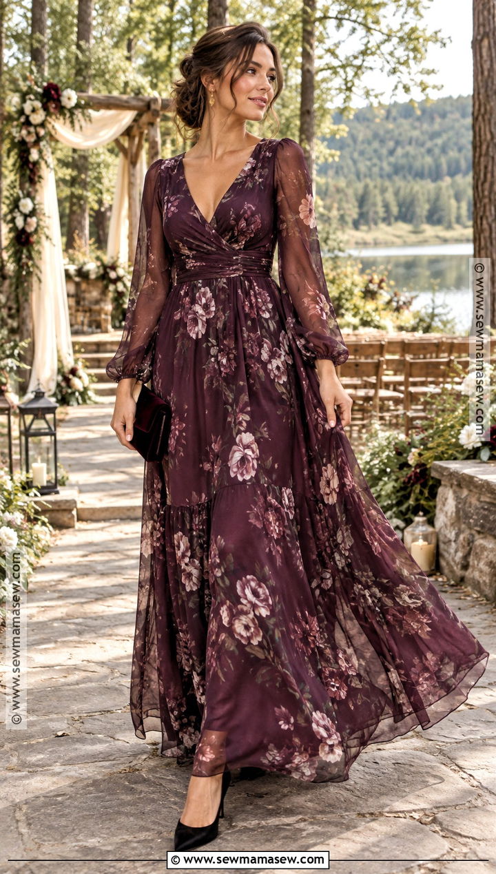 Fall Wedding Guest Plum Floral Chiffon Dress - 20 fall wedding attire guest ideas