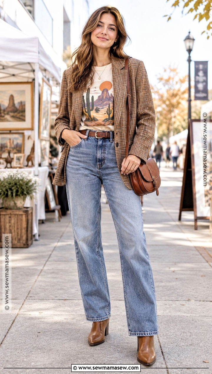 Fall Weekend Outfit With Plaid Blazer and Graphic Tee - 15 fall weekend outfits 2026