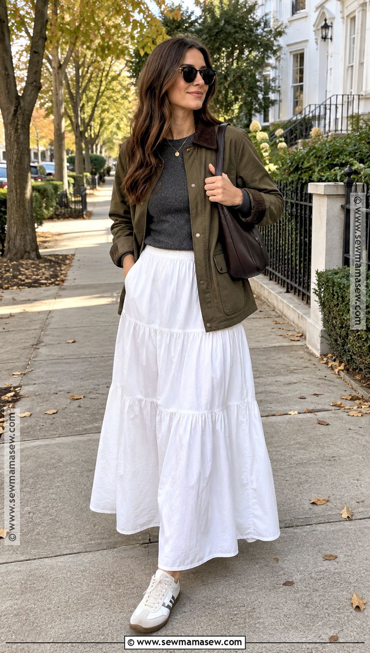 Fall White Maxi Skirt With Barn Jacket And Sneakers - 15 maxi skirts fall