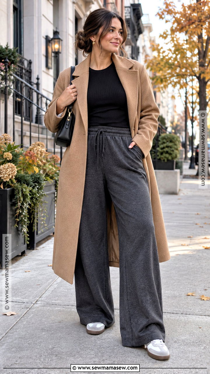 Fall Wide Leg Sweatpants And Long Coat Outfit - 20 lazy day outfits fall