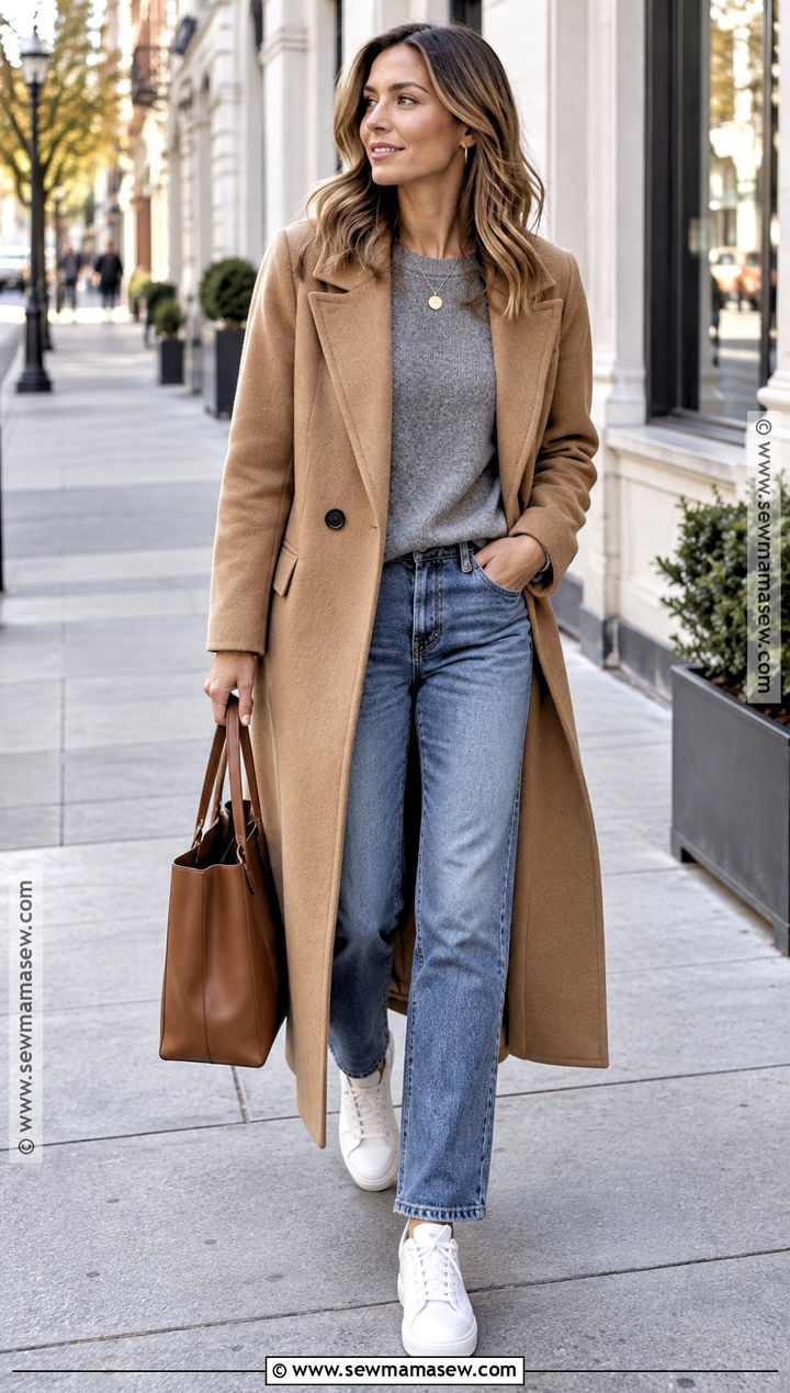 Fall Wool Coat And Sneakers Outfit - 25 fall basic outfits