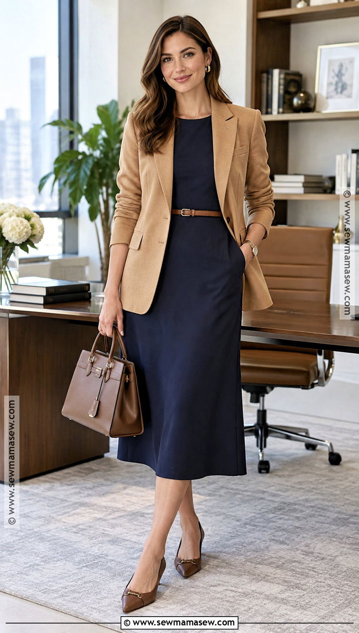 Fall Work Outfit With Belted Blazer And Midi Dress - 30 fall work outfits