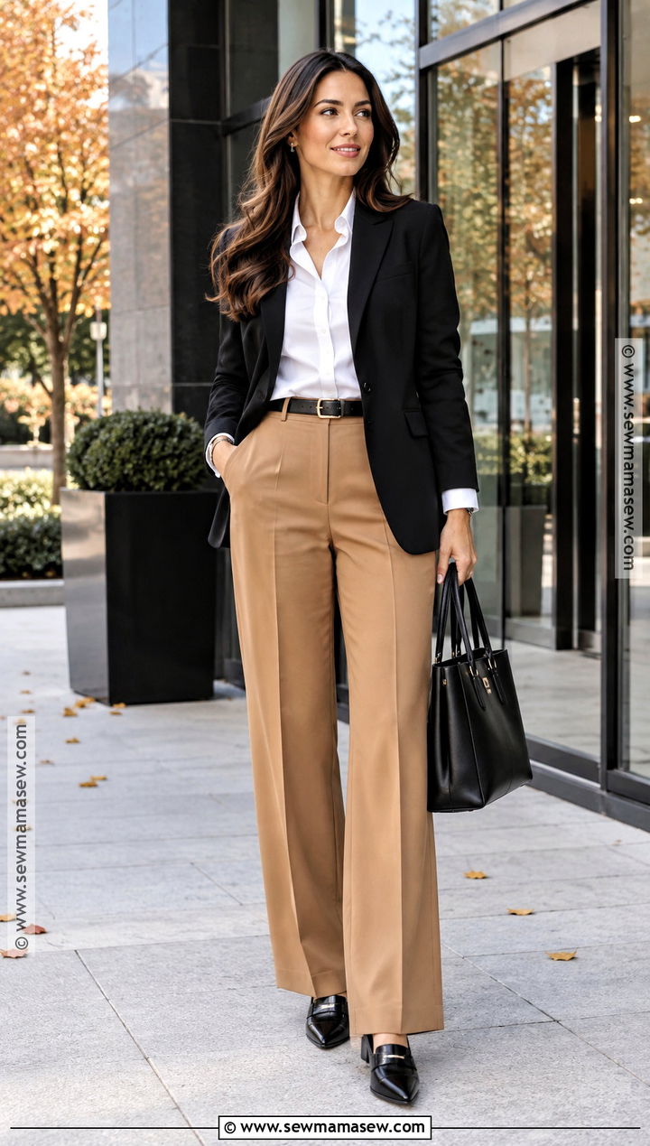 Fall Work Outfit With Blazer And Wide Leg Trousers - 15 Fall Work Capsule Wardrobe Ideas 2026