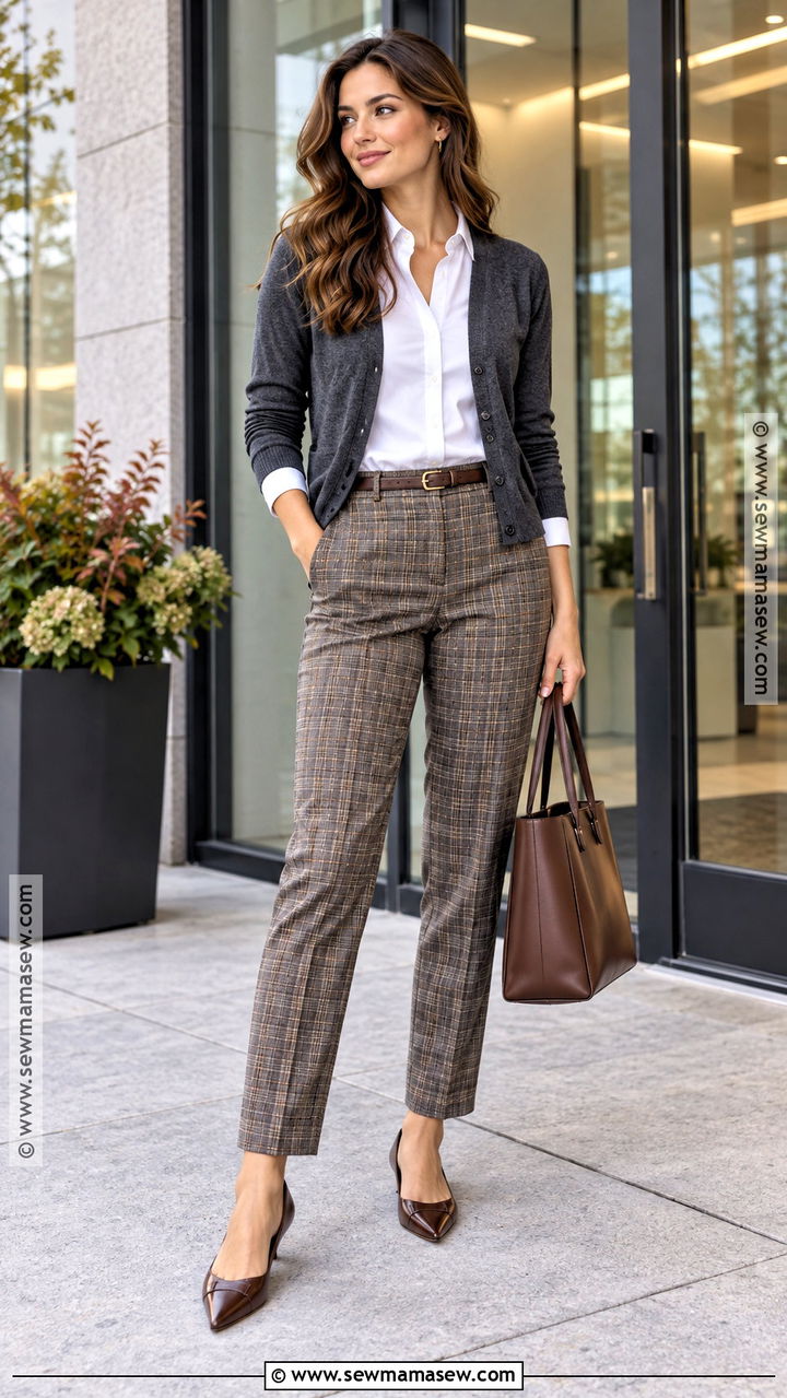 Fall Work Outfit With Button Down Shirt And Plaid Pants - 20 Fall Fashion For Work Ideas