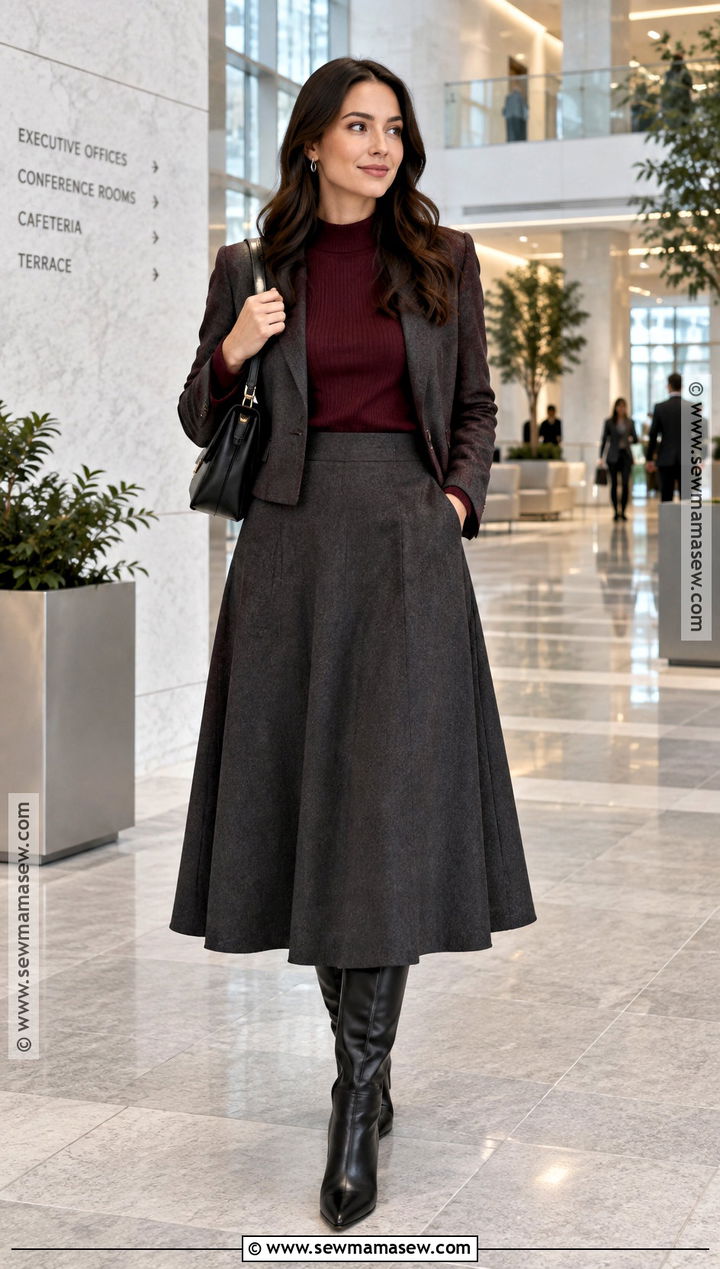 Fall Work Outfit With Midi Skirt And Tall Boots - 30 fall work outfits