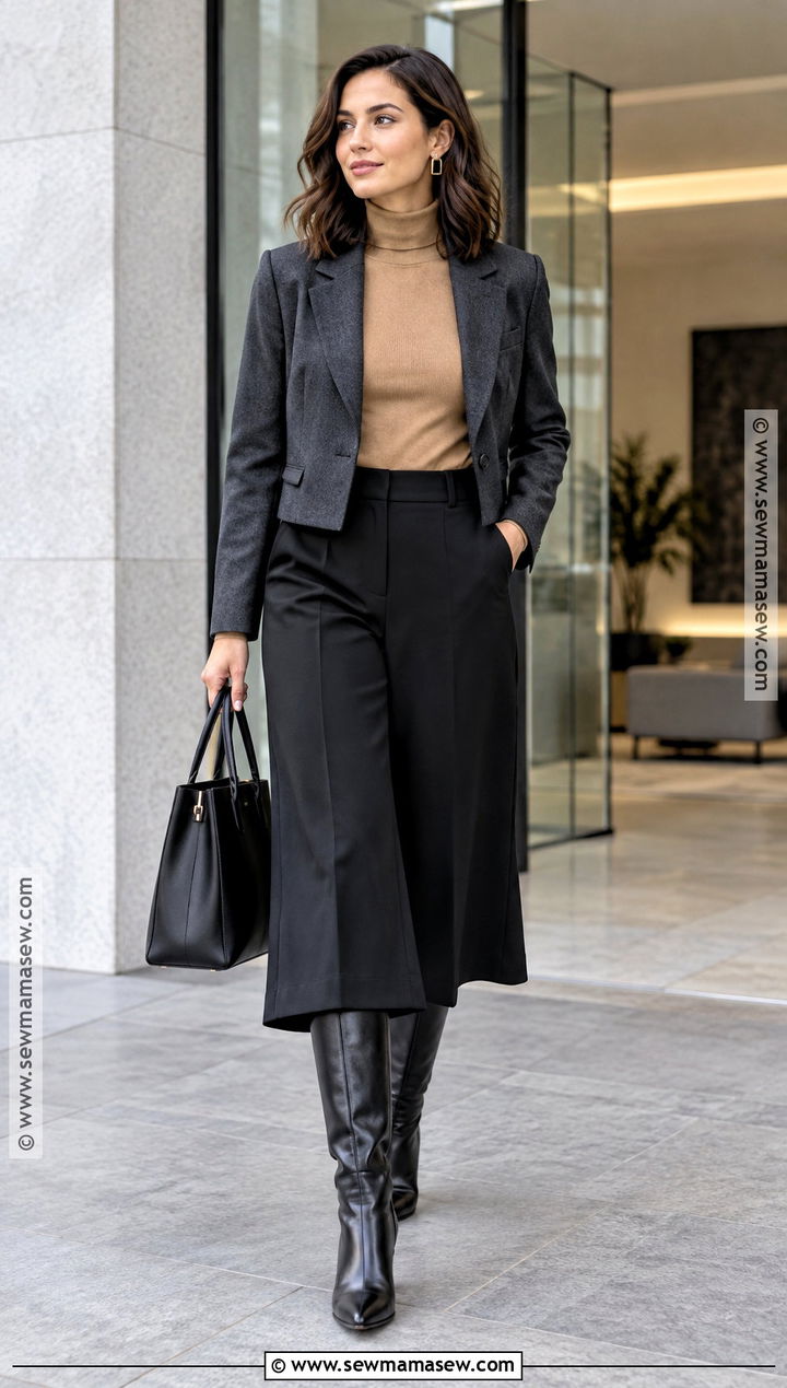 Fall Work Outfit With Mock Neck Top And Culottes - 25 casual work outfits fall