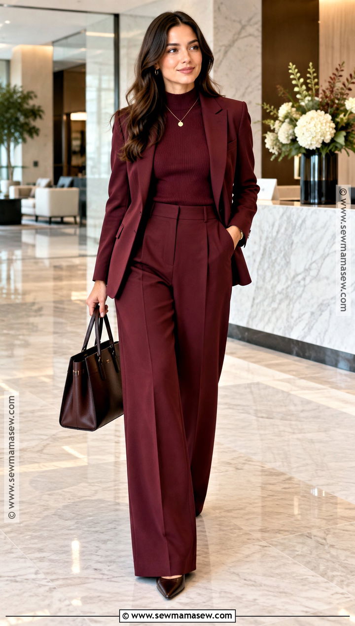 Fall Work Outfit With Monochrome Burgundy Layers - 15 Fall Fits For Work