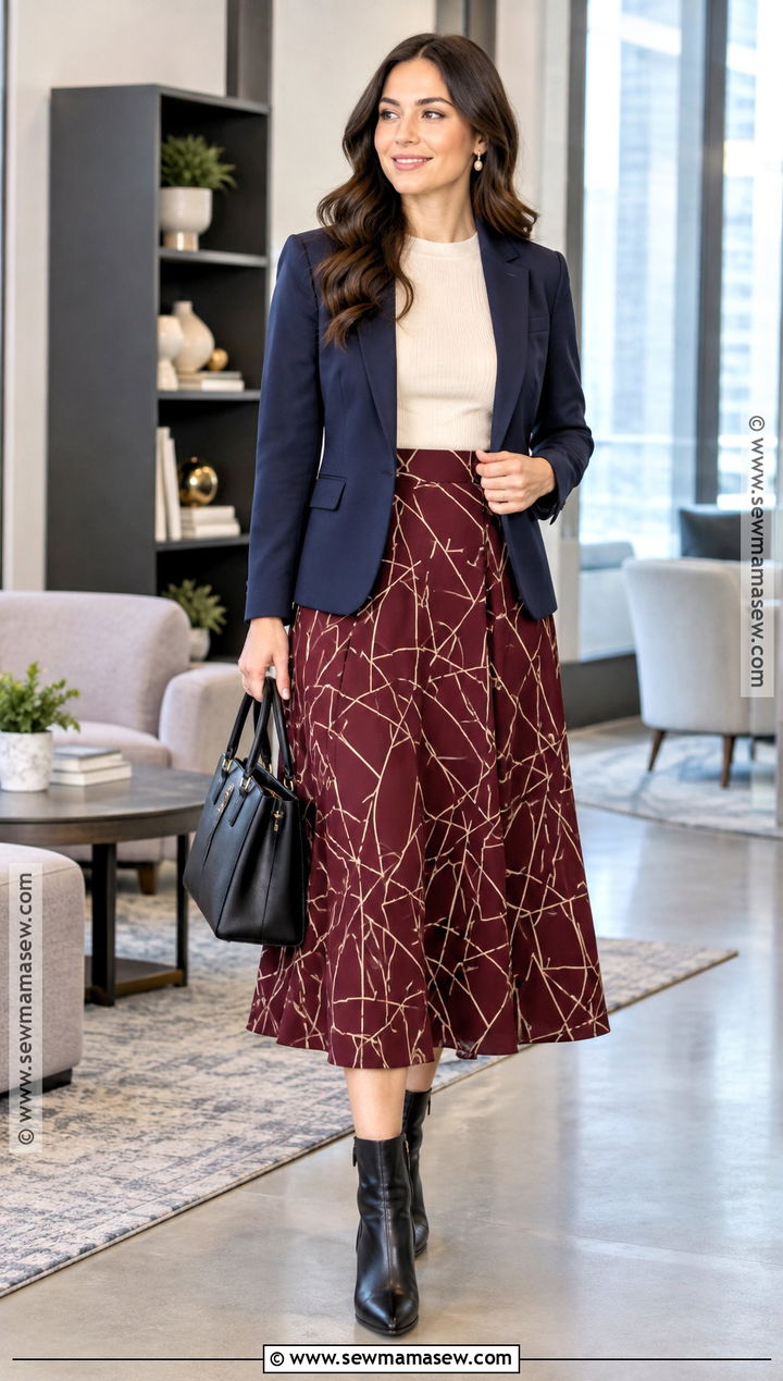 Fall Work Outfit With Printed Midi Skirt And Blazer - 20 fall outfits women work business casual office wear