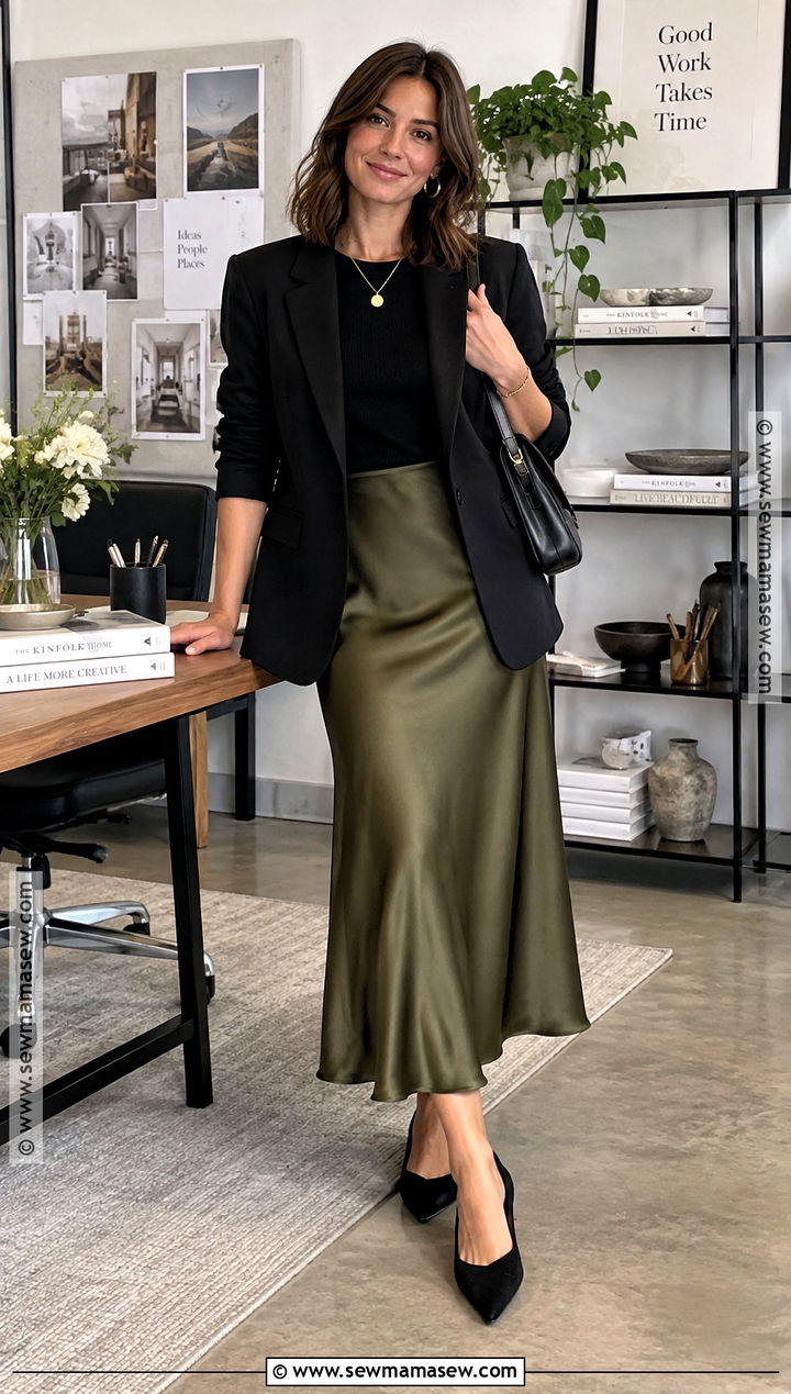 Fall Work Outfit With Satin Midi Skirt And Blazer - 30 fall work outfits