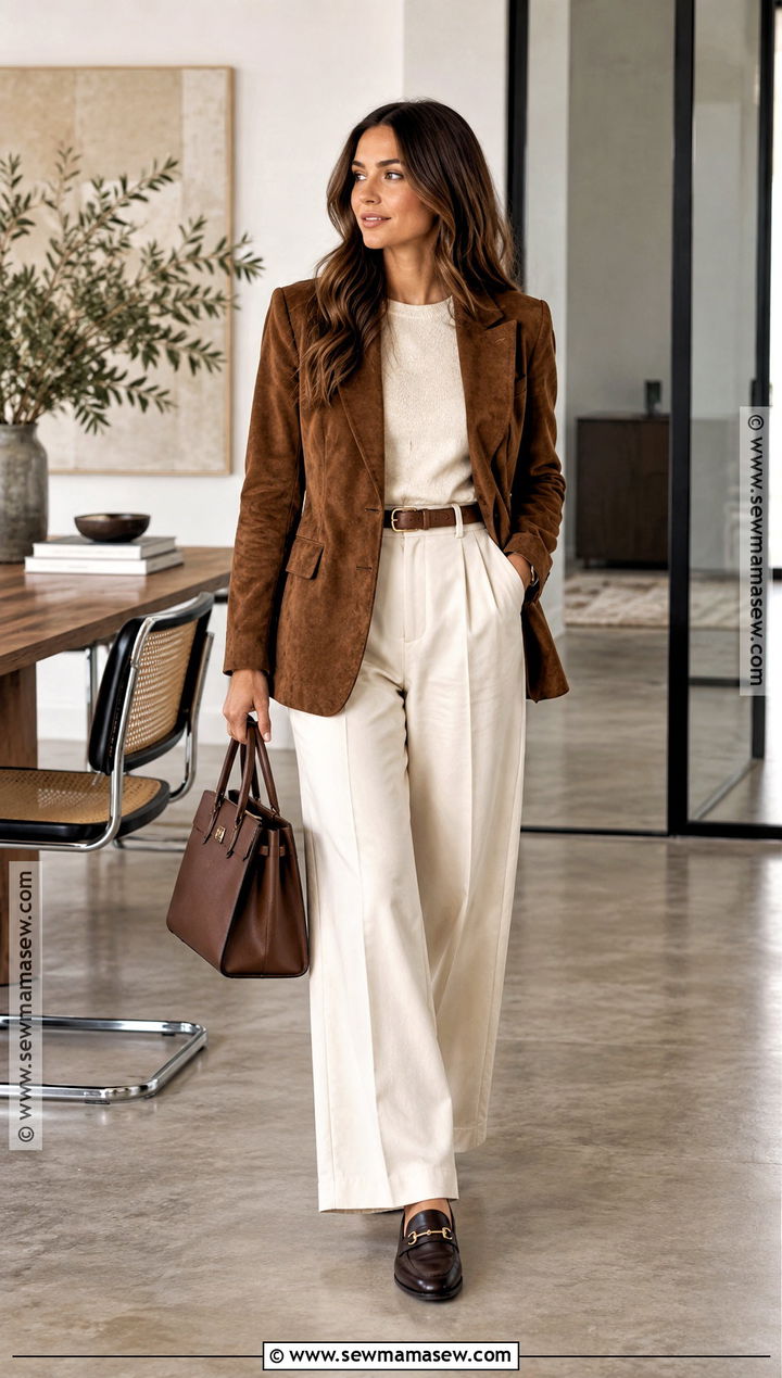 Fall Work Outfit With Suede Blazer And Neutral Trousers - 15 Fall Work Capsule Wardrobe Ideas 2026