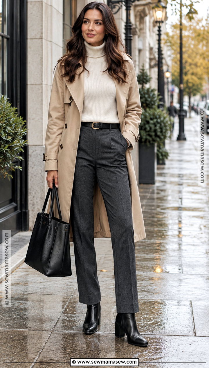 Fall Work Outfit With Trench Coat And Turtleneck - 15 Fall Work Capsule Wardrobe Ideas 2026