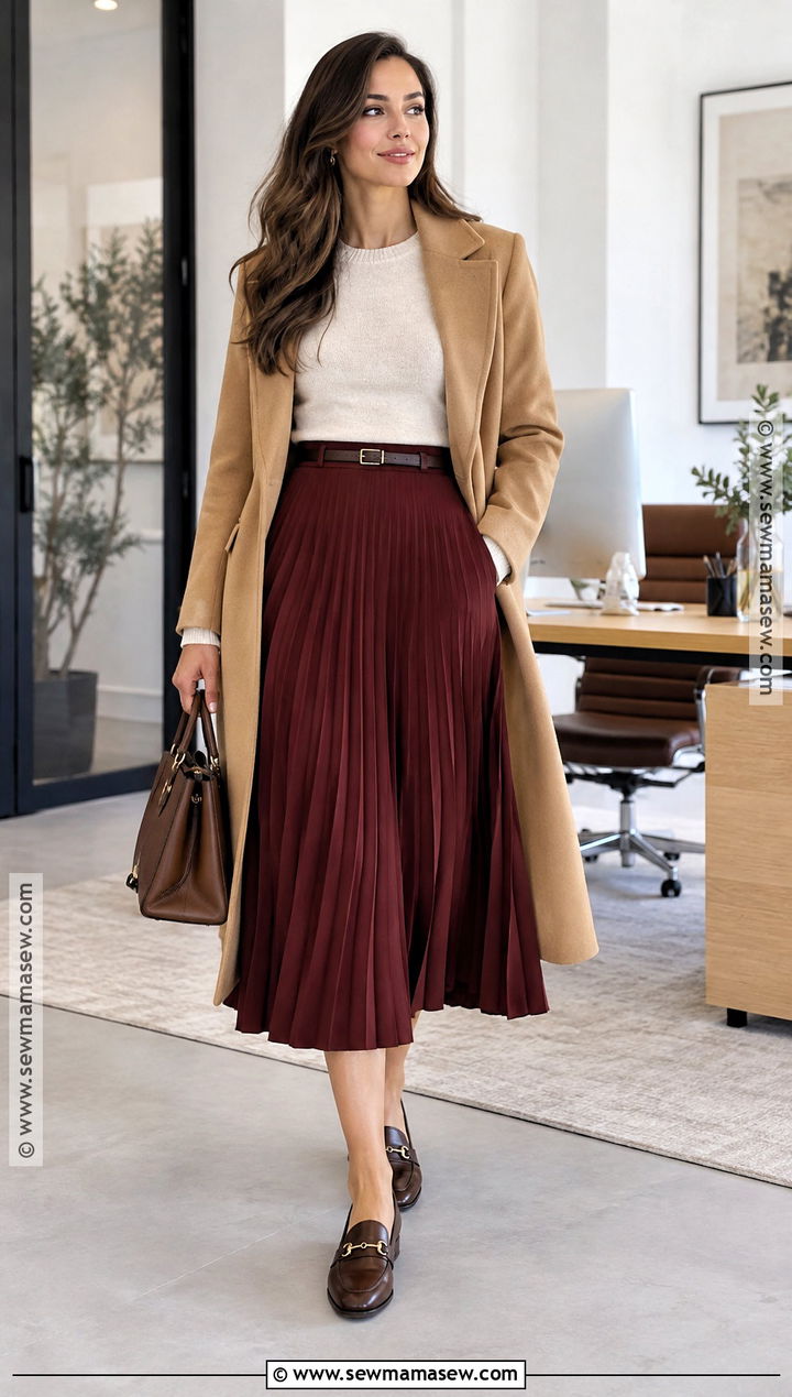 Fall Workwear Pleated Skirt and Crewneck Sweater - 15 fall workwear ideas 2026