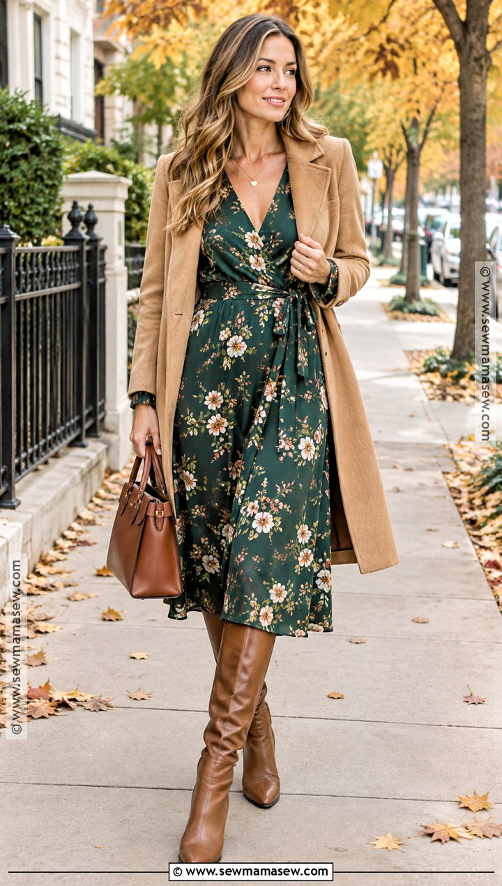 Fall Wrap Midi Dress And Knee Boots Outfit - 20 fall outfits for date night