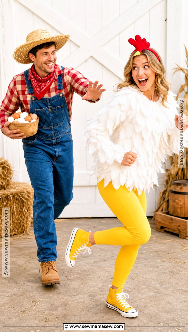 Farmer And Runaway Chicken Couple Costume - 30 Unique Couples Halloween Costume Ideas Funny