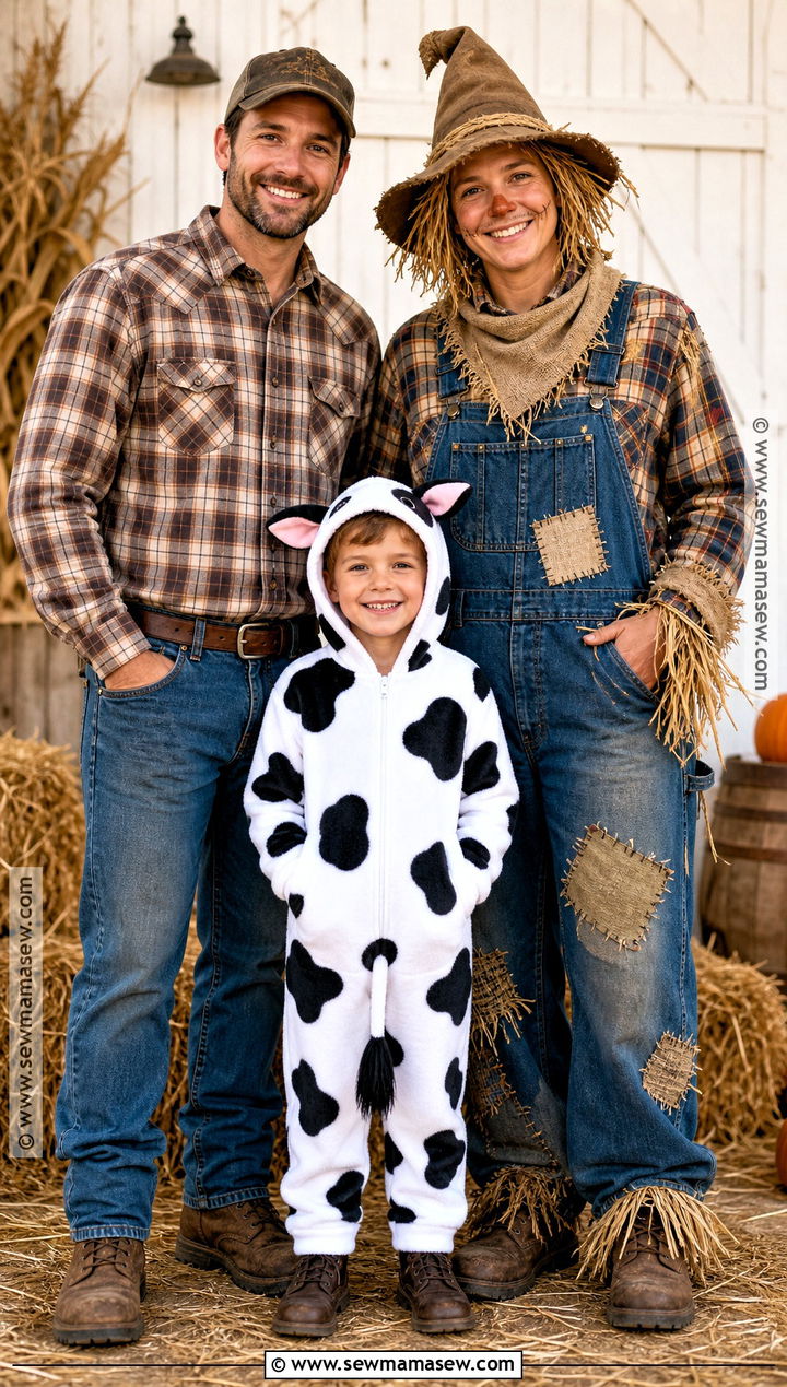 Farmer Scarecrow And Cow Family Costume - 30 easy family costumes for 3