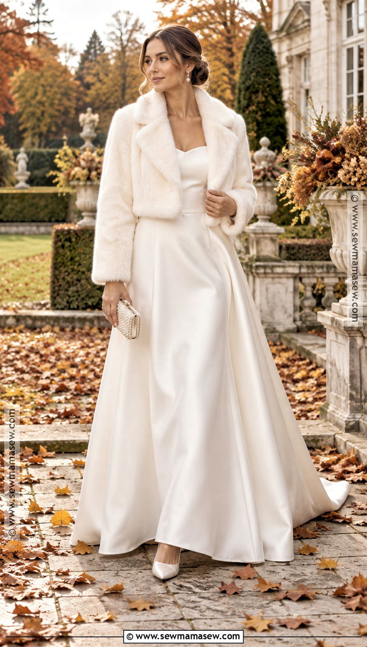 Faux Fur Bridal Jacket With Satin Gown - 15 Fall Wedding Jacket Brides Ideas