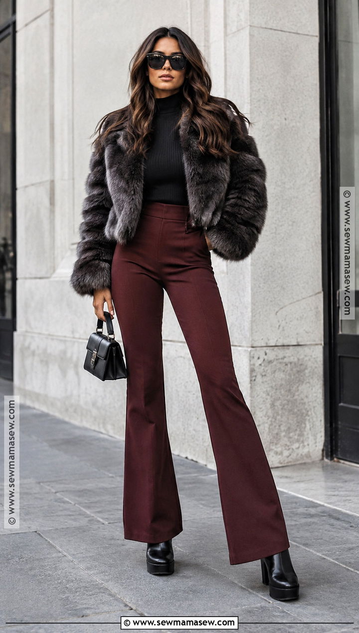 Faux Fur Coat And Flared Pants Outfit - 15 Fall Outfit Rocker Chic Ideas