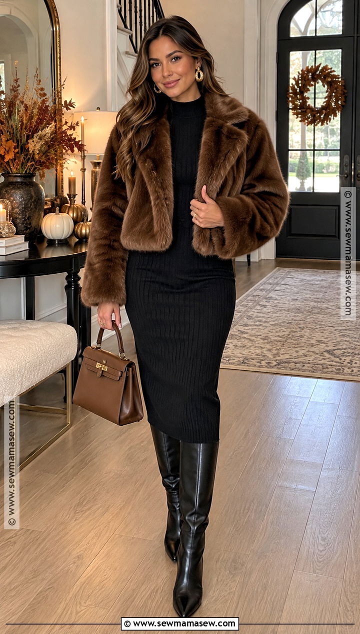 Faux Fur Coat And Knit Dress Thanksgiving Outfit - 25 baddie thanksgiving outfits