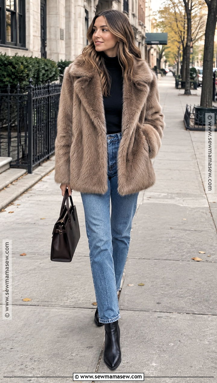 Faux Fur Coat And Straight Leg Jeans Outfit - 15 fall 24 outfit trends