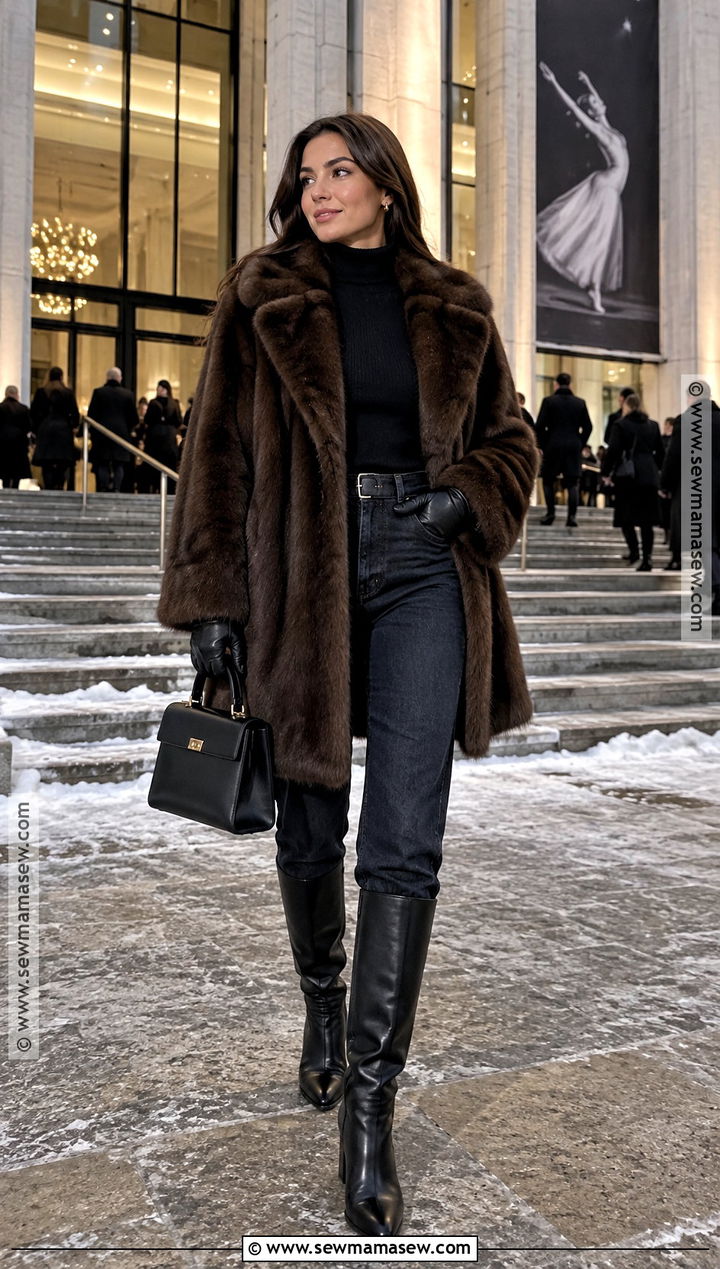 Faux Fur Coat Dark Jeans And Boots Winter Outfit - 15 Outfit Inspo Fall And Winter Ideas