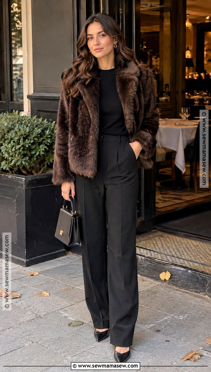 Faux Fur Coat Outfit With Tailored Pants - 25 autumn coat ideas