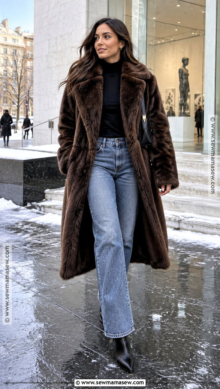 Faux Fur Coat and Relaxed Denim Outfit - 15 fall winter outfits 2026