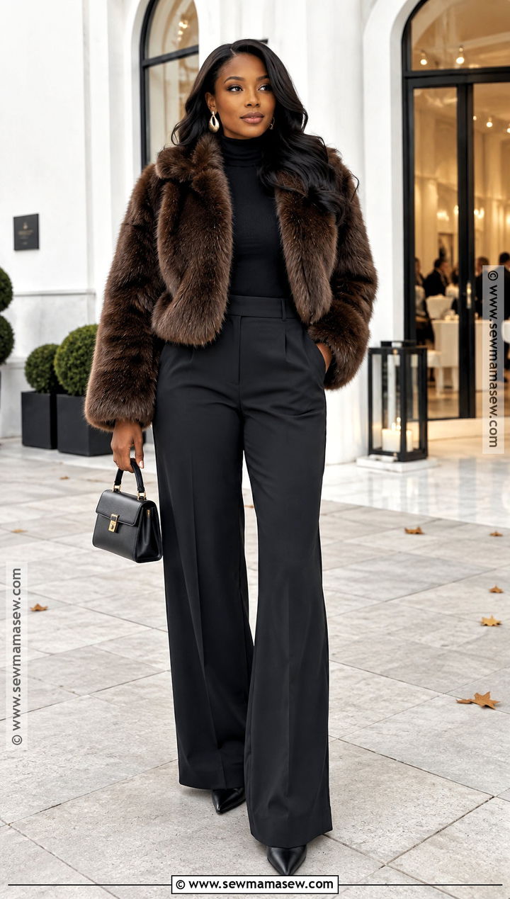 Faux Fur Jacket And Wide Leg Trousers Autumn Outfit - 25 autumn outfits for black women