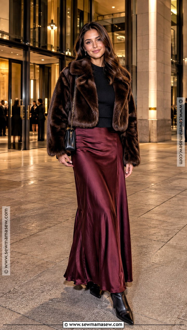 Faux Fur Jacket With Satin Maxi Skirt - 20 fashion inspo outfits fall 2026