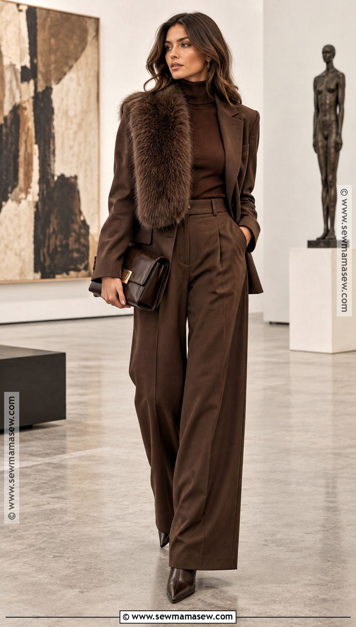 Faux Fur Scarf With Tonal Suit And Pointed Boots - 20 autumn scarf outfit ideas