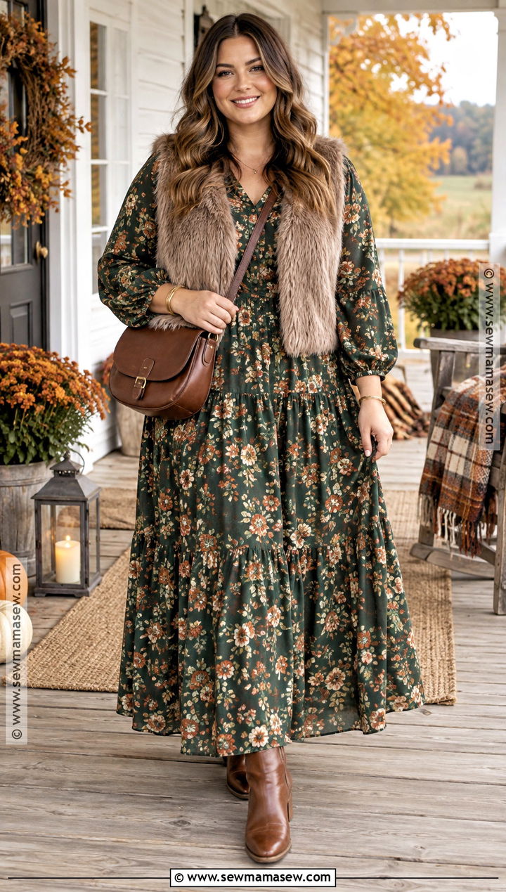 Faux Fur Vest And Boho Maxi Dress Autumn Look - 15 boho style autumn look ideas