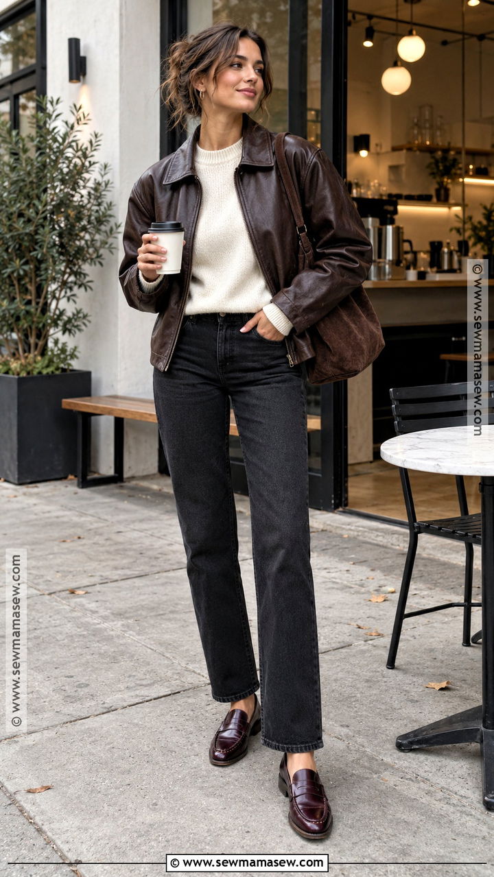 Faux Leather Jacket And Black Jeans Coffee Shop Outfit - 20 Fall Coffee Shop Outfit Ideas