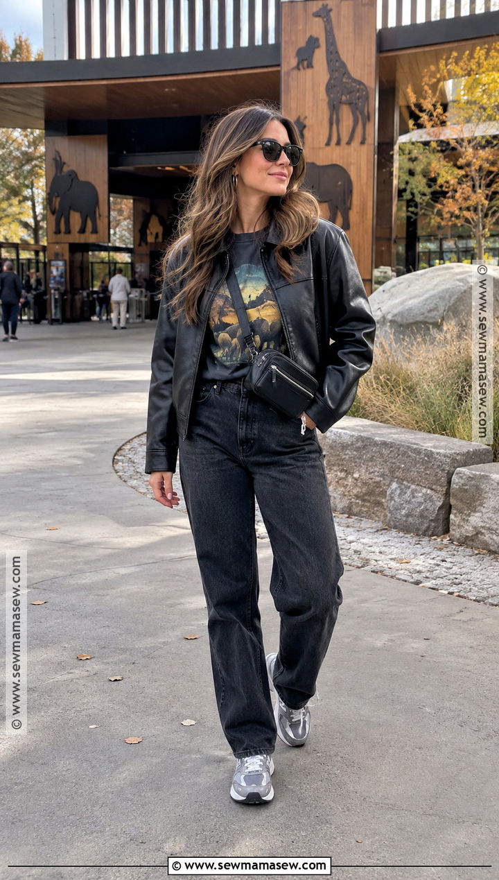 Faux Leather Jacket And Black Jeans Zoo Outfit - 25 zoo outfit fall ideas