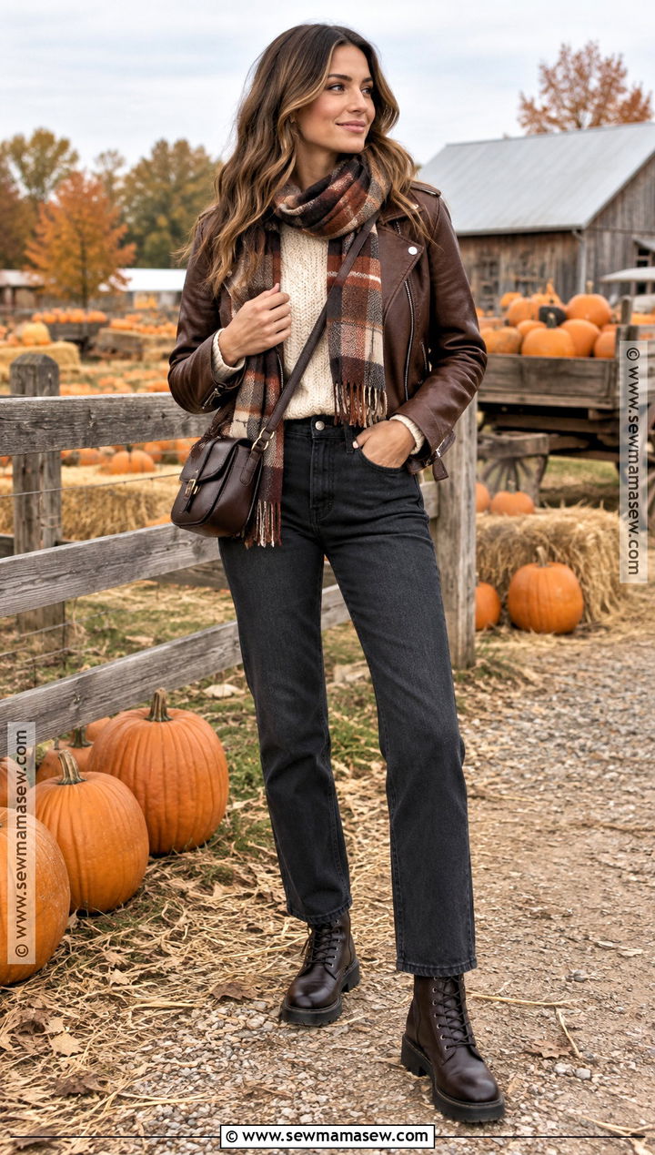 Faux Leather Jacket And Dark Jeans Pumpkin Patch Outfit - 20 Pumpkin Patch Outfit Women Fall Ideas