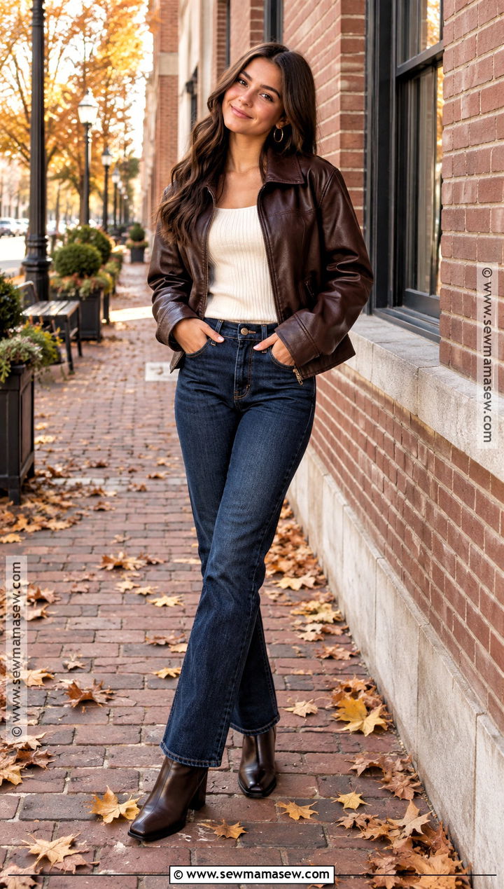 Faux Leather Jacket And Dark Jeans Senior Pic Outfit - 15 senior pic fall outfits