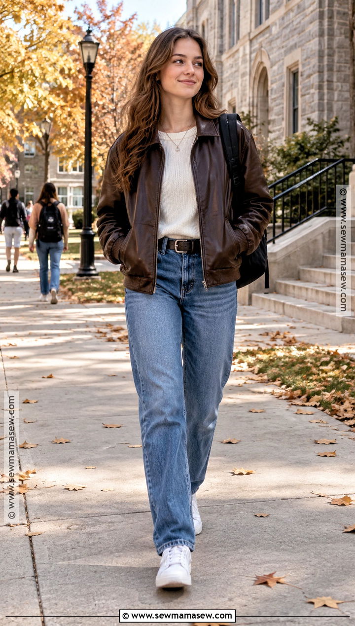 Faux Leather Jacket And Jeans Autumn School Outfit - 25 outfit ideas for school autumn