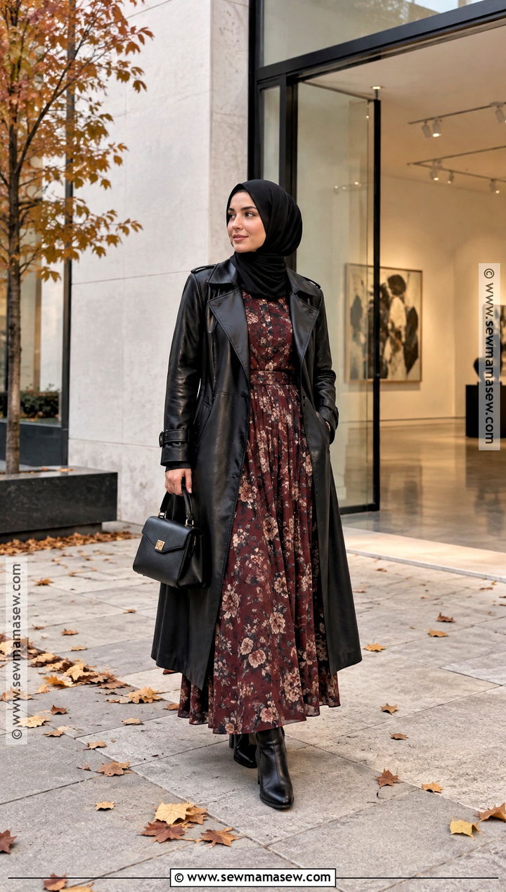 Faux Leather Jacket And Maxi Dress Hijabi Fall Outfit - 20 hijabi fall fits
