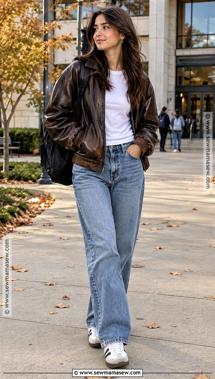 Faux Leather Jacket And Relaxed Jeans Back To School Outfit - 25 Back To School Inspo Outfits
