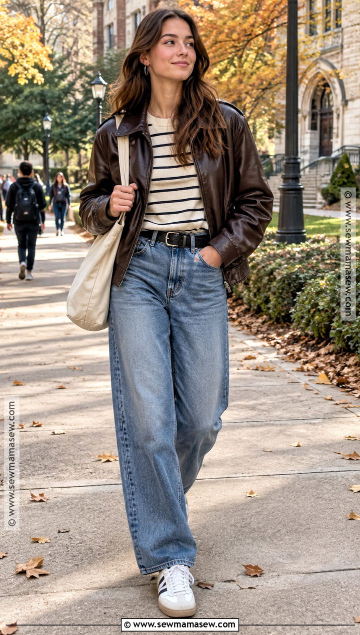 Faux Leather Jacket And Relaxed Jeans School Outfit - 15 School Outfits Fall Aesthetic
