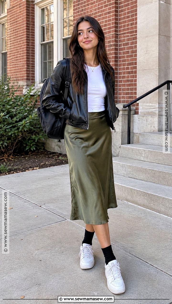 Faux Leather Jacket And Slip Skirt Outfit - 15 back to school street style ideas
