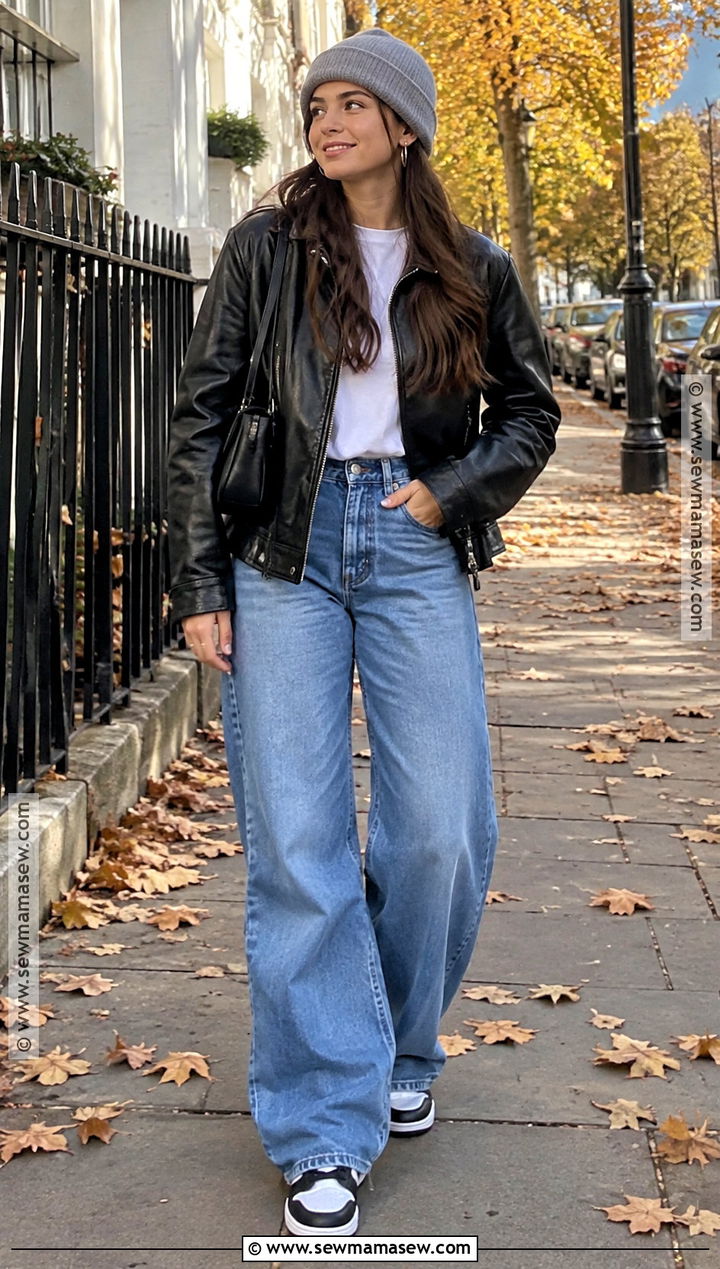 Faux Leather Jacket Fall Outfit With Loose Jeans - 20 teenage fall outfits