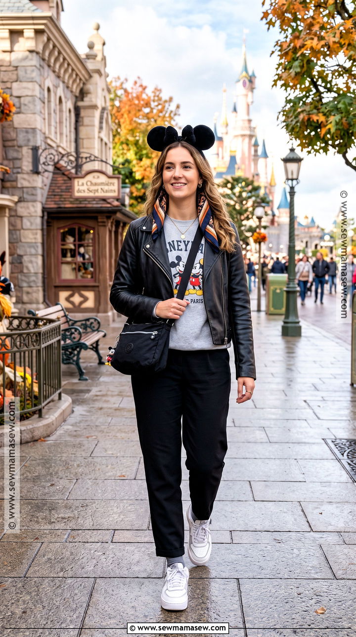 Faux Leather Jacket With Disney Sweatshirt And Trousers - 20 Disney Paris Outfits Autumn