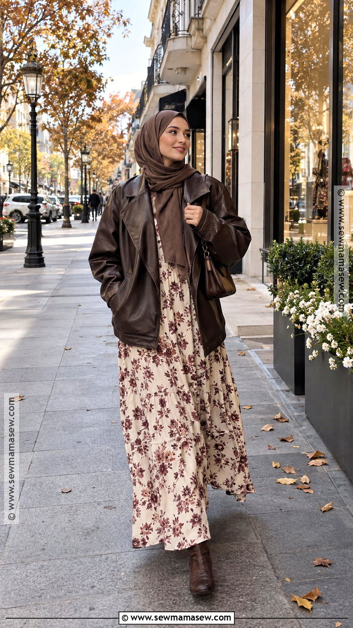 Faux Leather Jacket With Flowy Maxi Dress And Boots - 20 Muslim Fall Outfits