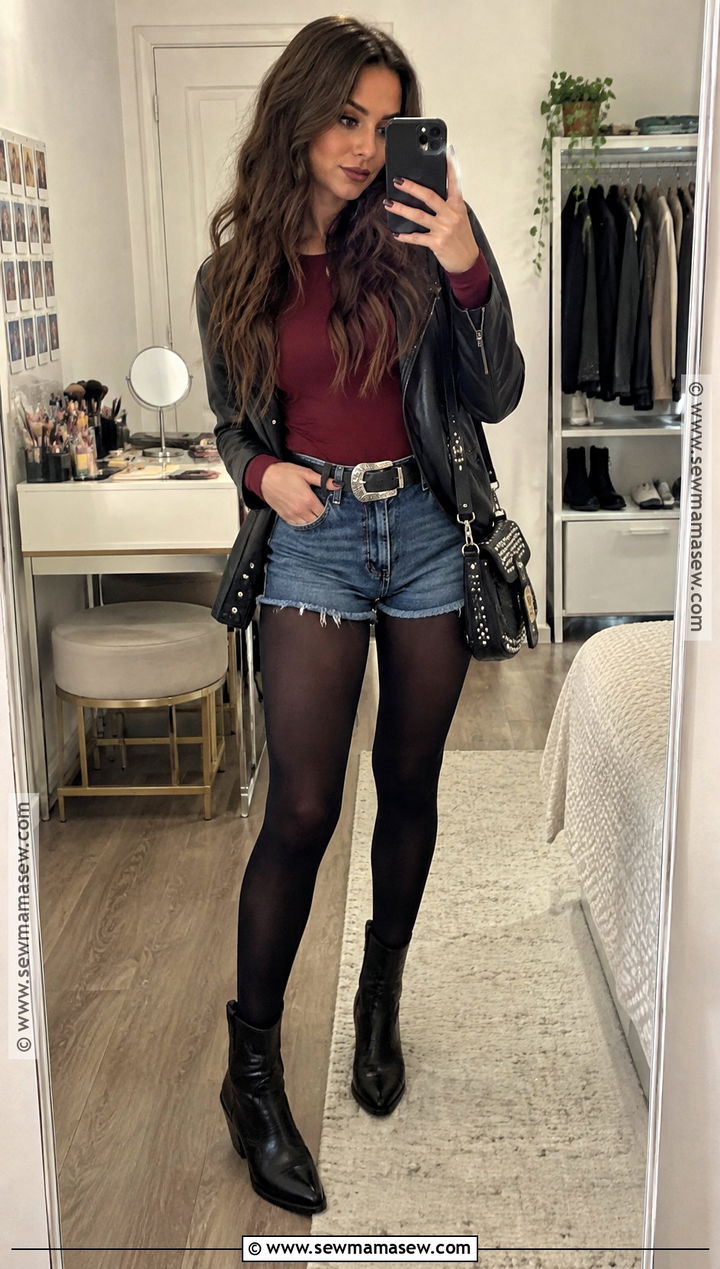 Faux Leather Jacket and Denim Shorts Country Festival Outfit - 20 country festival outfit fall ideas