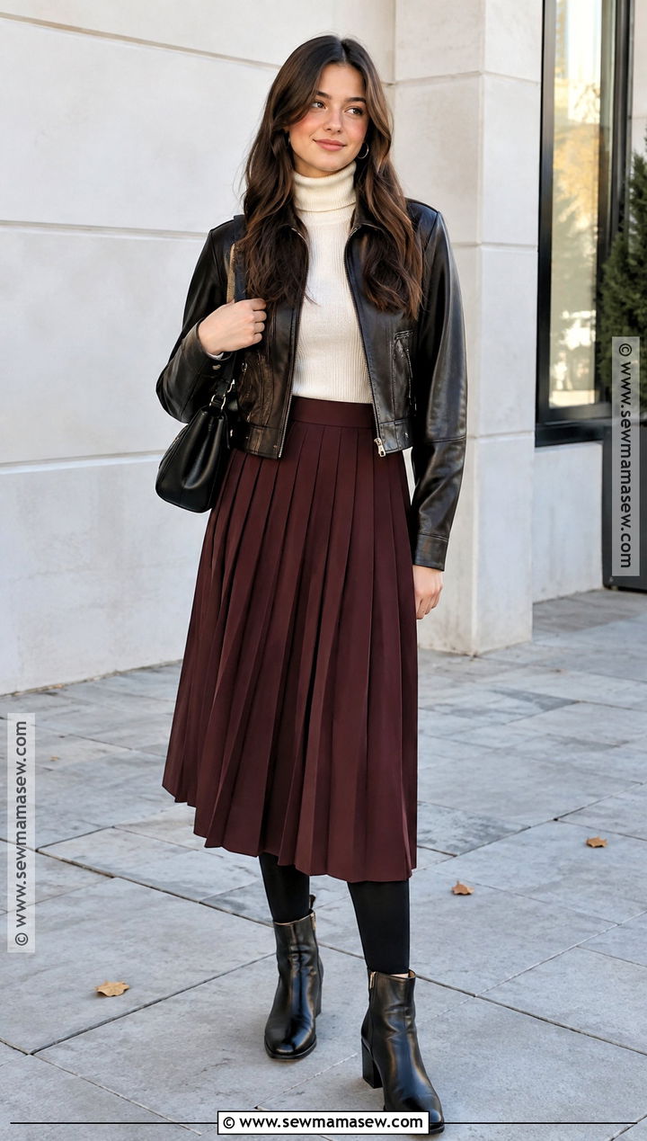 Faux Leather Jacket and Midi Skirt Fall Outfit - 15 Fall Outfit Inspiration Ideas for Teens