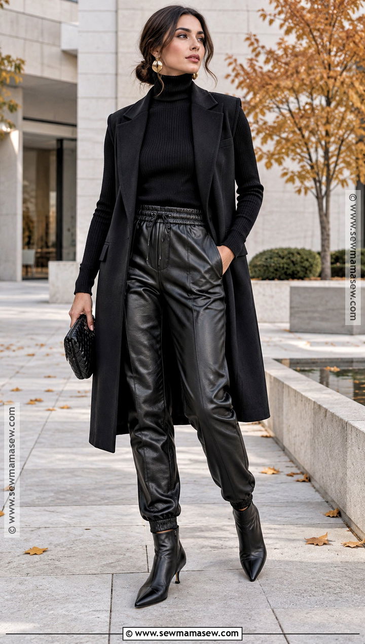 Faux Leather Joggers With Turtleneck - 15 fall joggers outfit dressy ideas