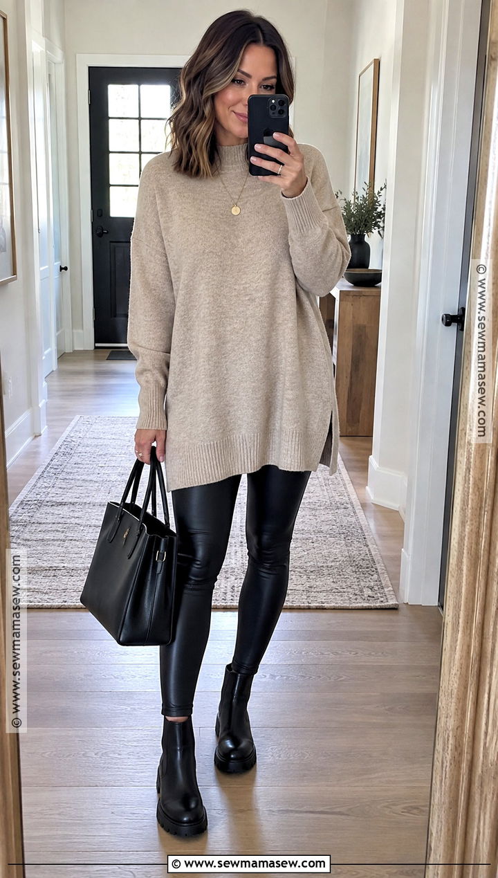 Faux Leather Leggings and Tunic Sweater Fall Outfit - 15 fall outfits for moms over 30