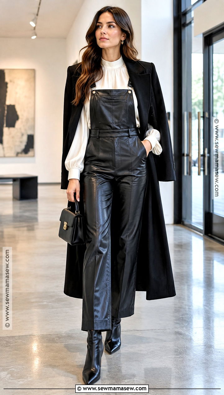 Faux Leather Overall Outfit With Blouse - 20 overall outfit fall ideas