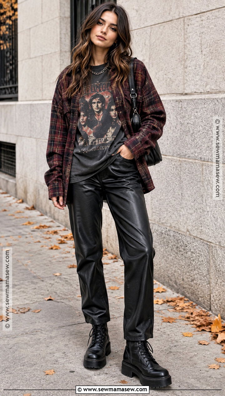 Faux Leather Pants And Band Tee Grunge Outfit - 25 fall outfits grunge