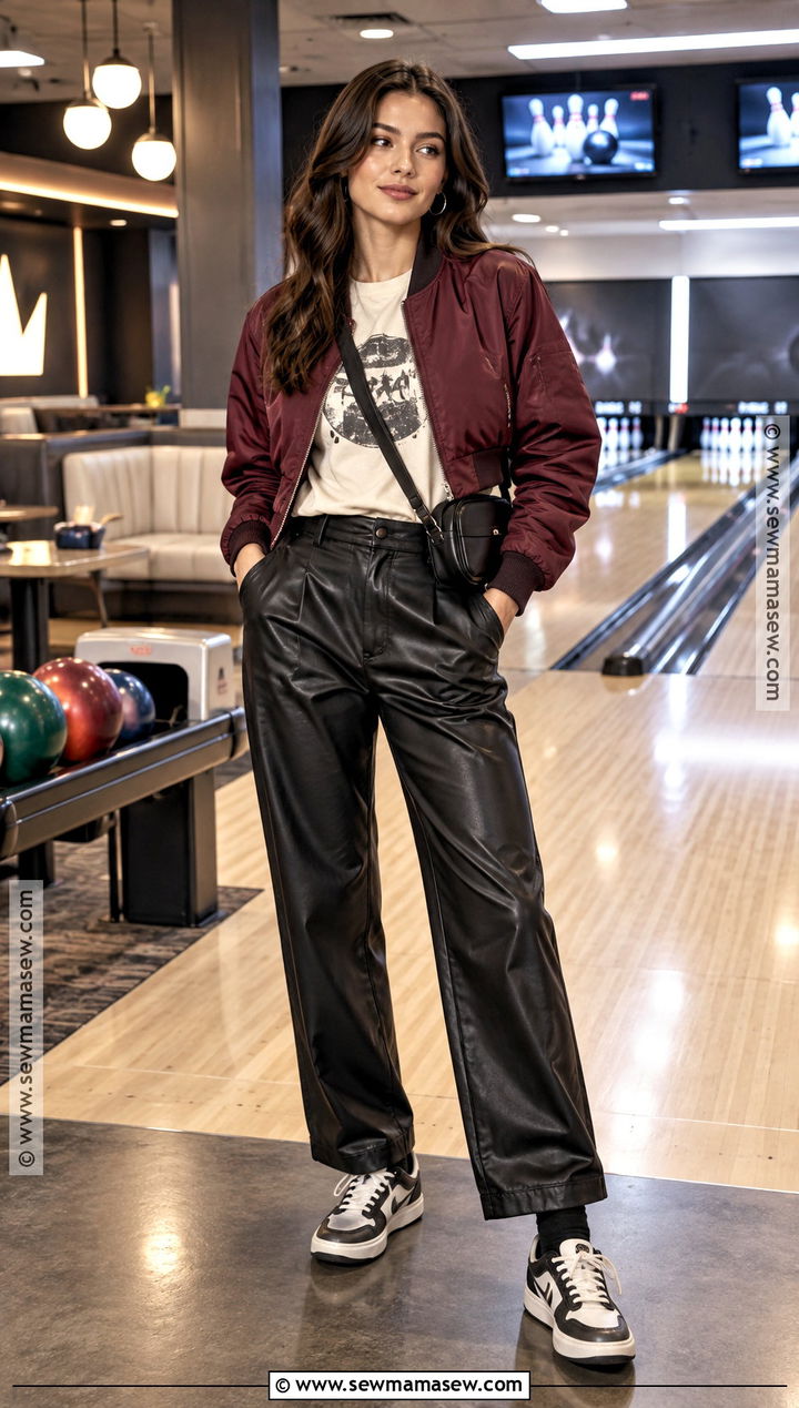 Faux Leather Pants And Graphic Tee Bowling Outfit - 15 bowling outfit ideas fall