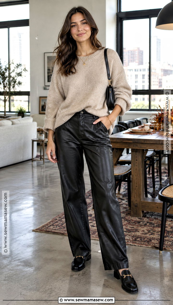 Faux Leather Pants And Oversized Sweater Friendsgiving Outfit - 25 friendsgiving outfits
